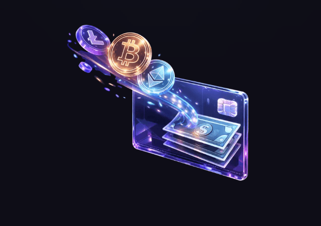 Illustration of a card sending out crypto coins and receiving cash in return.