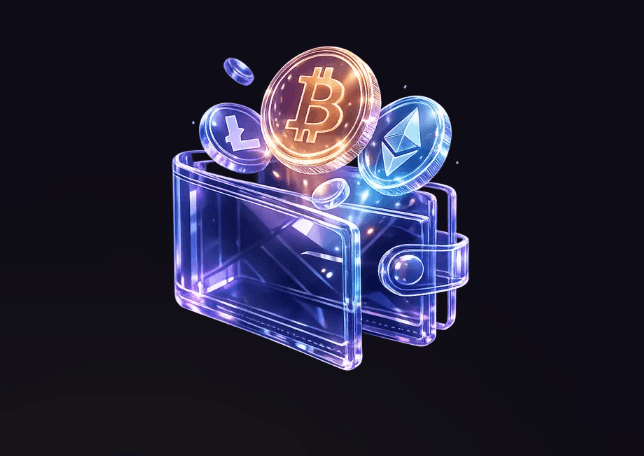 Illustration of a glowing crypto wallet receiving Bitcoin, Litecoin, and Ethereum coins.